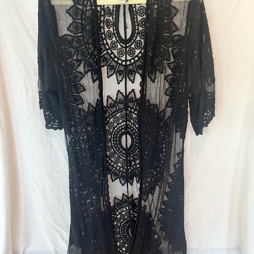 Rachel Zoe Black Lace Open Long Cardigan One Size Whimsygoth Boho Indy Festival